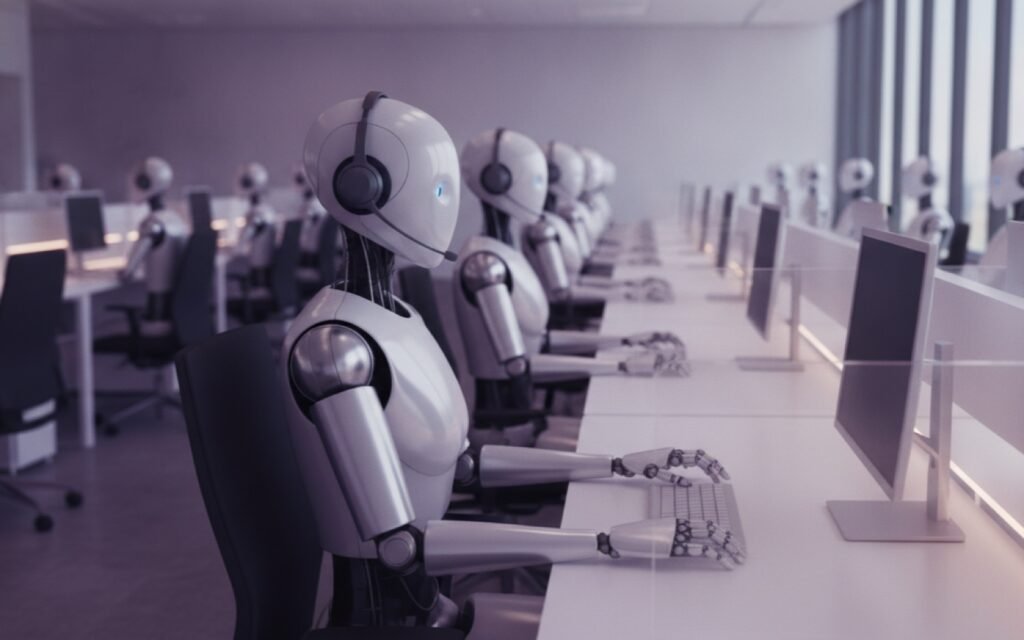 Rows of humanoid robots wearing headsets seated at workstations in a modern call center