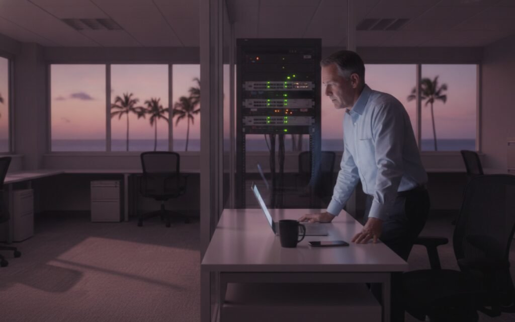 A man in a button-down shirt leaning over a laptop in an empty office after hours, with a network rack glowing behind glass and palm trees at dusk through the windows