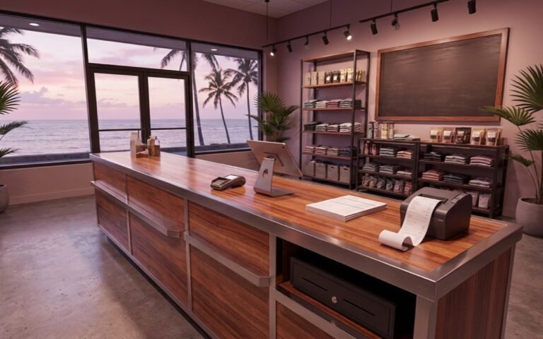 A retail checkout counter with a card terminal, printed merchant statement, receipt printer and cash drawer, with the ocean and palm trees at sunset through the storefront windows