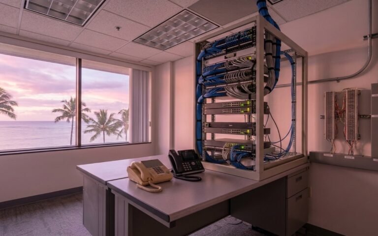 An office telecom room with a network rack, patch panels and punch-down blocks, an old analog desk phone beside a modern IP phone, and palm trees at sunset through the window