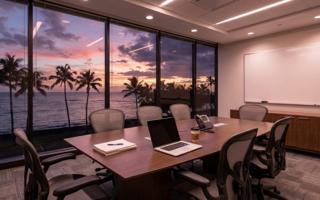 An office boardroom with a laptop, printed proposal pages and a conference phone on the table, with palm trees and the ocean at sunset through floor to ceiling windows