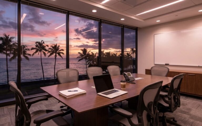 An office boardroom with a laptop, printed proposal pages and a conference phone on the table, with palm trees and the ocean at sunset through floor to ceiling windows