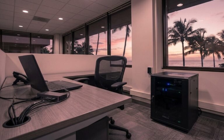 An office workstation with a docked laptop beside a locked server cabinet with glowing status lights and a keycard reader, palm trees at sunset through the window