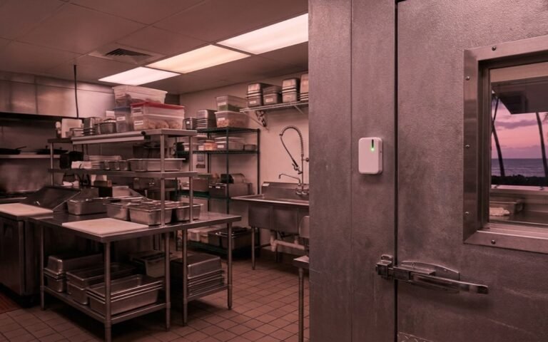 A commercial kitchen walk-in cooler door with a small wireless temperature sensor mounted beside it, stainless prep counters behind and an ocean sunset through the service window