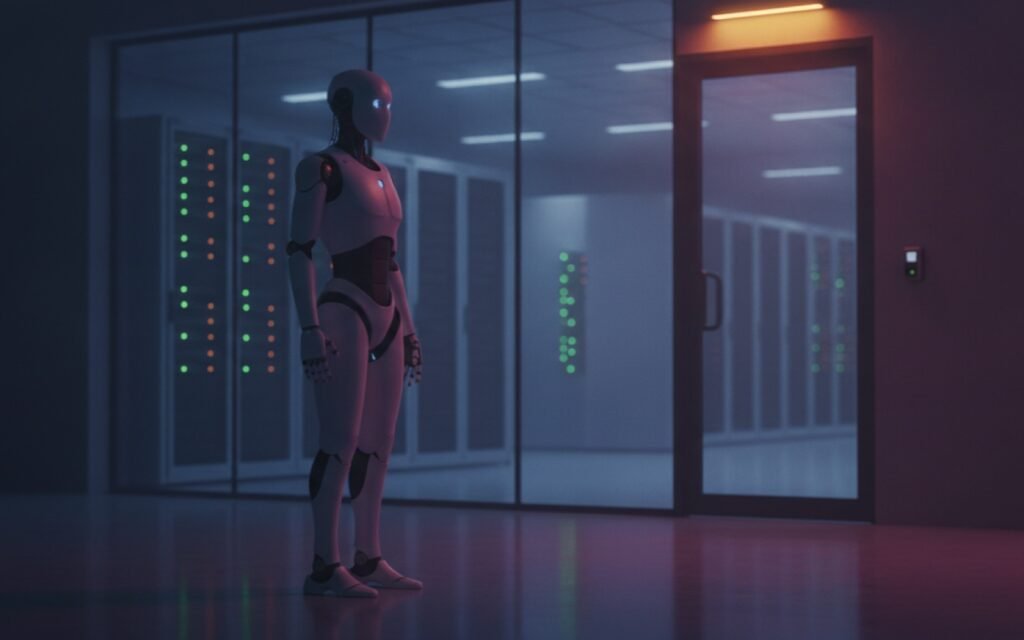 A humanoid robot standing guard at night outside a glass-walled data center hall lined with server racks