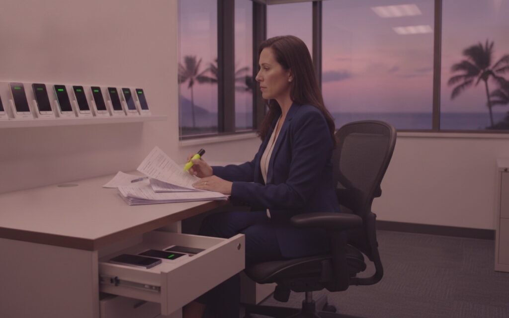 A businesswoman in a navy blazer highlighting a stack of printed wireless invoices at her desk, with a shelf of charging company phones and a drawer of unused phones, and palm trees at sunset through the office windows