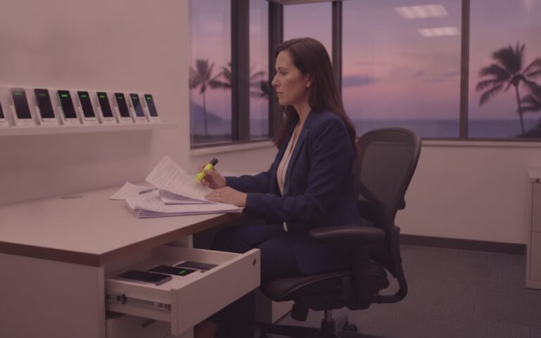 A businesswoman in a navy blazer highlighting a stack of printed wireless invoices at her desk, with a shelf of charging company phones and a drawer of unused phones, and palm trees at sunset through the office windows